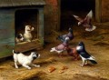犬小屋の養鶏場で遊ぶ子犬と鳩 エドガー・ハント